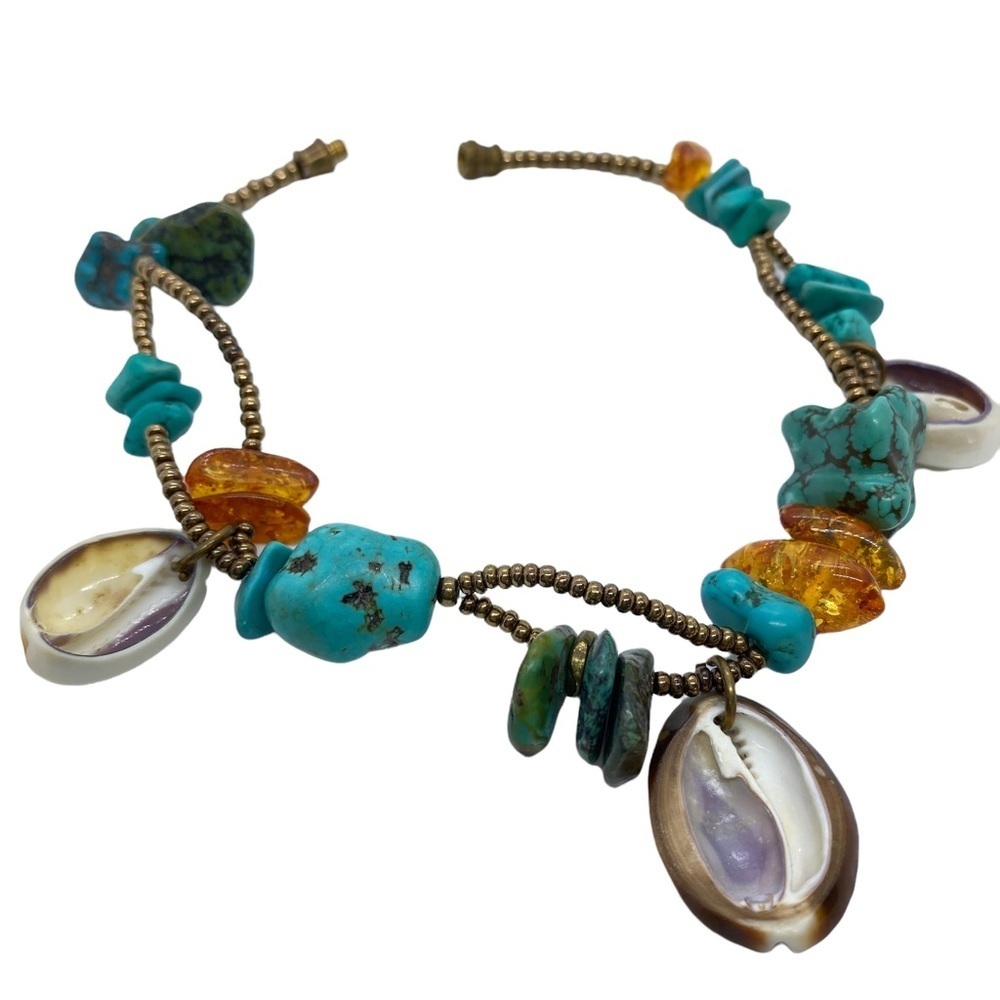 Anklet Faux Turqoise Shell & Amber Colored Beads 9.5" Boho